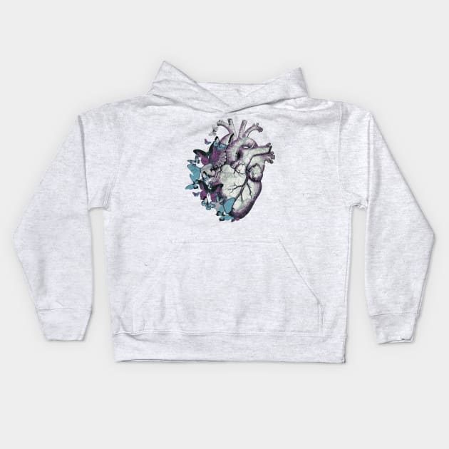 Heart in love, vintage effect watercolor blue butterflies, Heart, anatomical Human heart Kids Hoodie by Collagedream